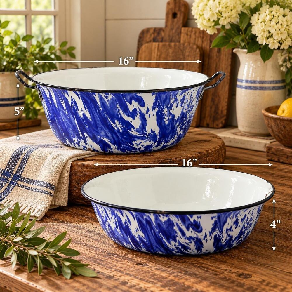 Vintage Blue & White Swirl Enamelware Wash Basins Set of 2 Large 16”